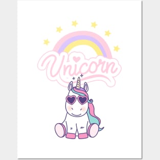 Cute Unicorn with Glasses, Rainbow, And Stars Posters and Art